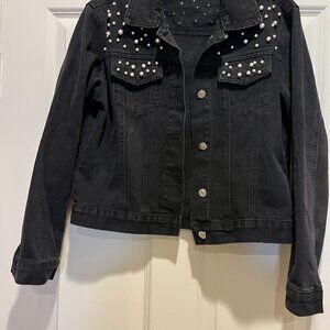 Black Jean Jacket Embroidered Pearls Long Sleeve - Brand New! Size: Large